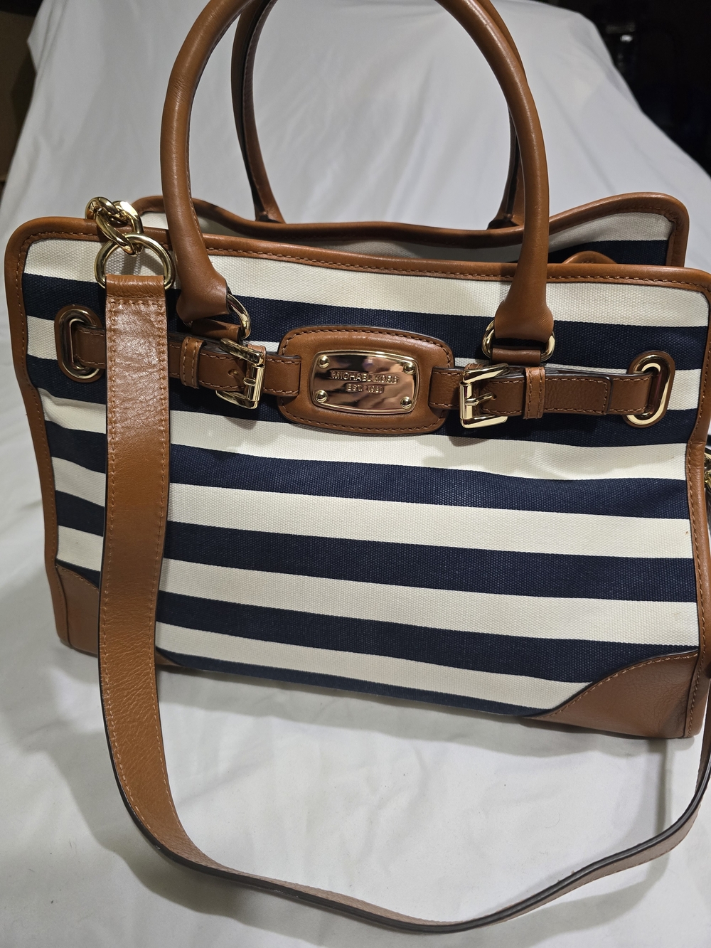 Michael Kors Hamilton Large Navy & White Striped Canvas Tote / Satchel